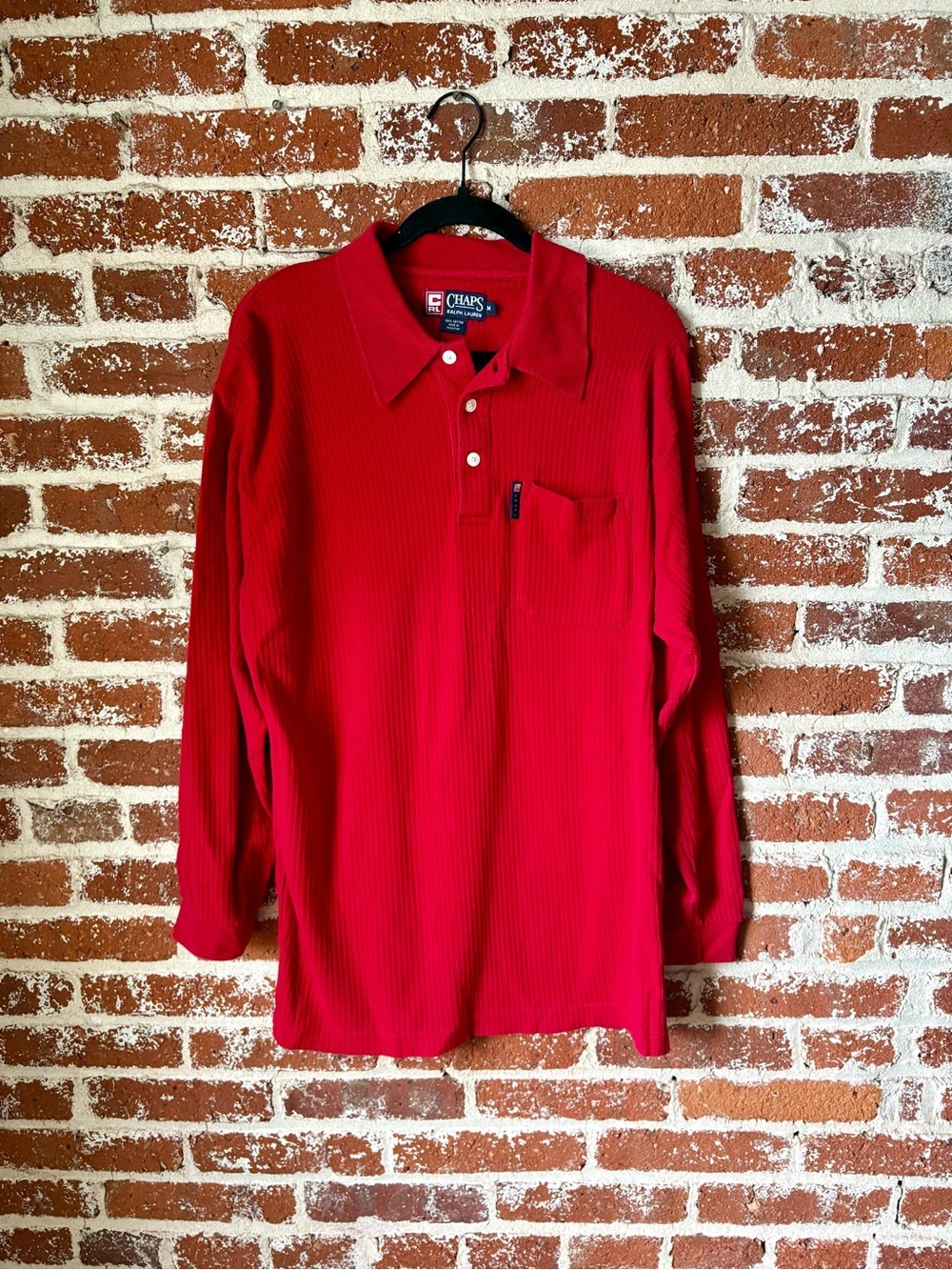 90s Vintage Chaps Ralph Lauren Red Long Sleeve Henley / Polo
